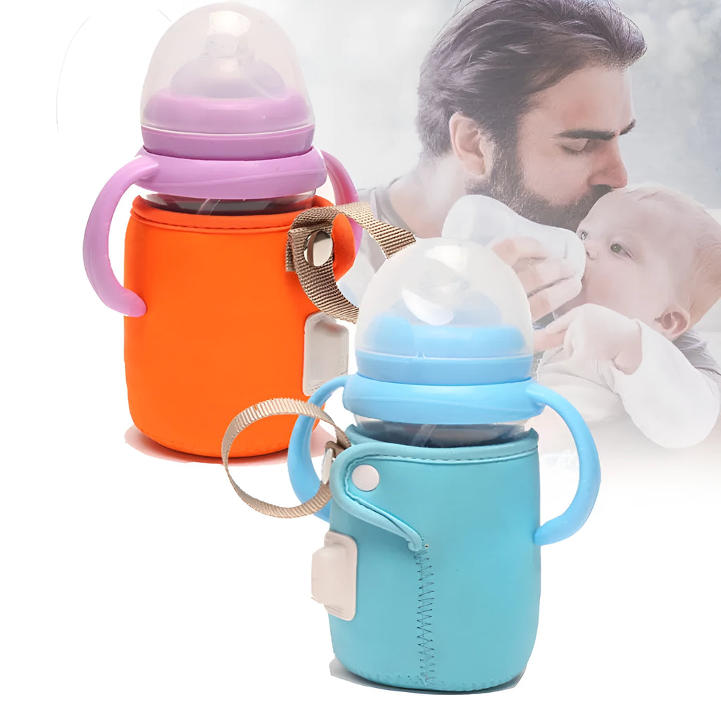 Long orange cotton USB baby bottle warmer wrapped around a milk bottle.