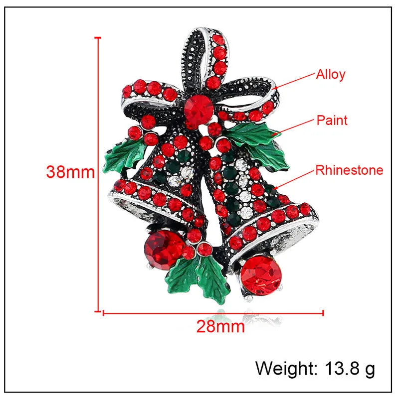 Christmas suit pin brooch alloy inlaid artificial gems ancient gold colour bells style