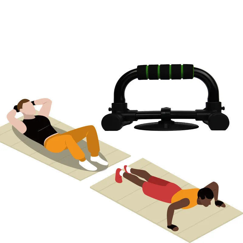 Green suction cup push up stand with electroplated steel frame and foam handles on a smooth floor