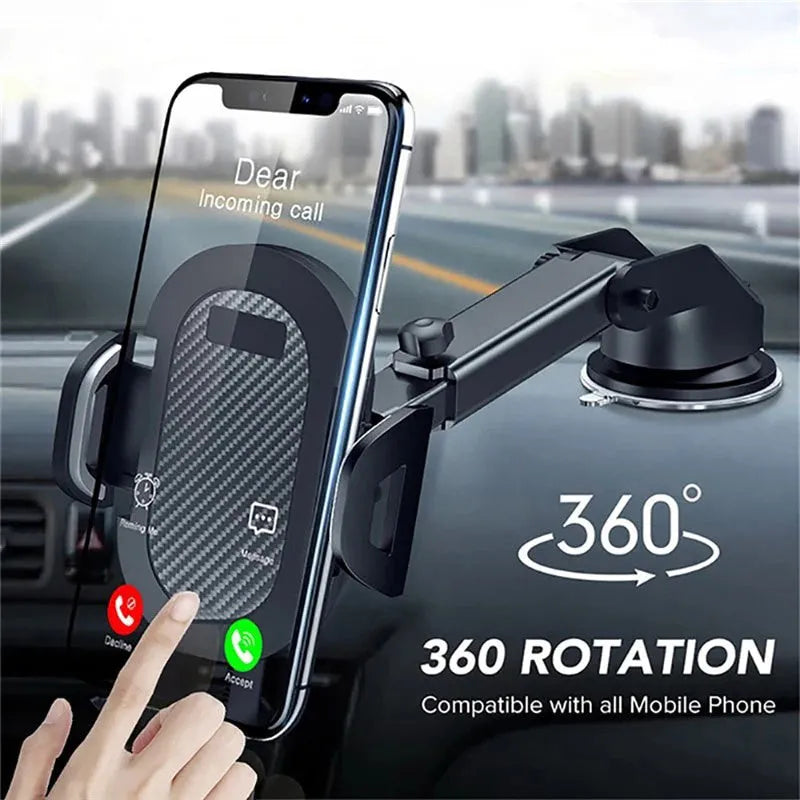 Black universal car phone holder for smartphones between 4 and 7 inches in size