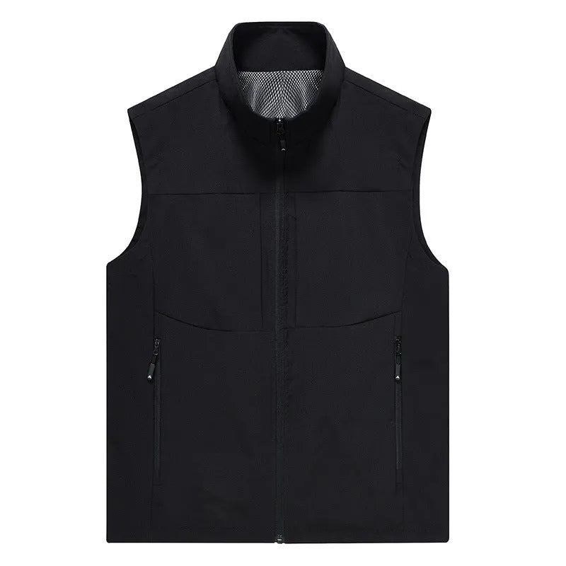 Men's loose-fit stand collar cardigan vest in polyester for outdoor leisure.