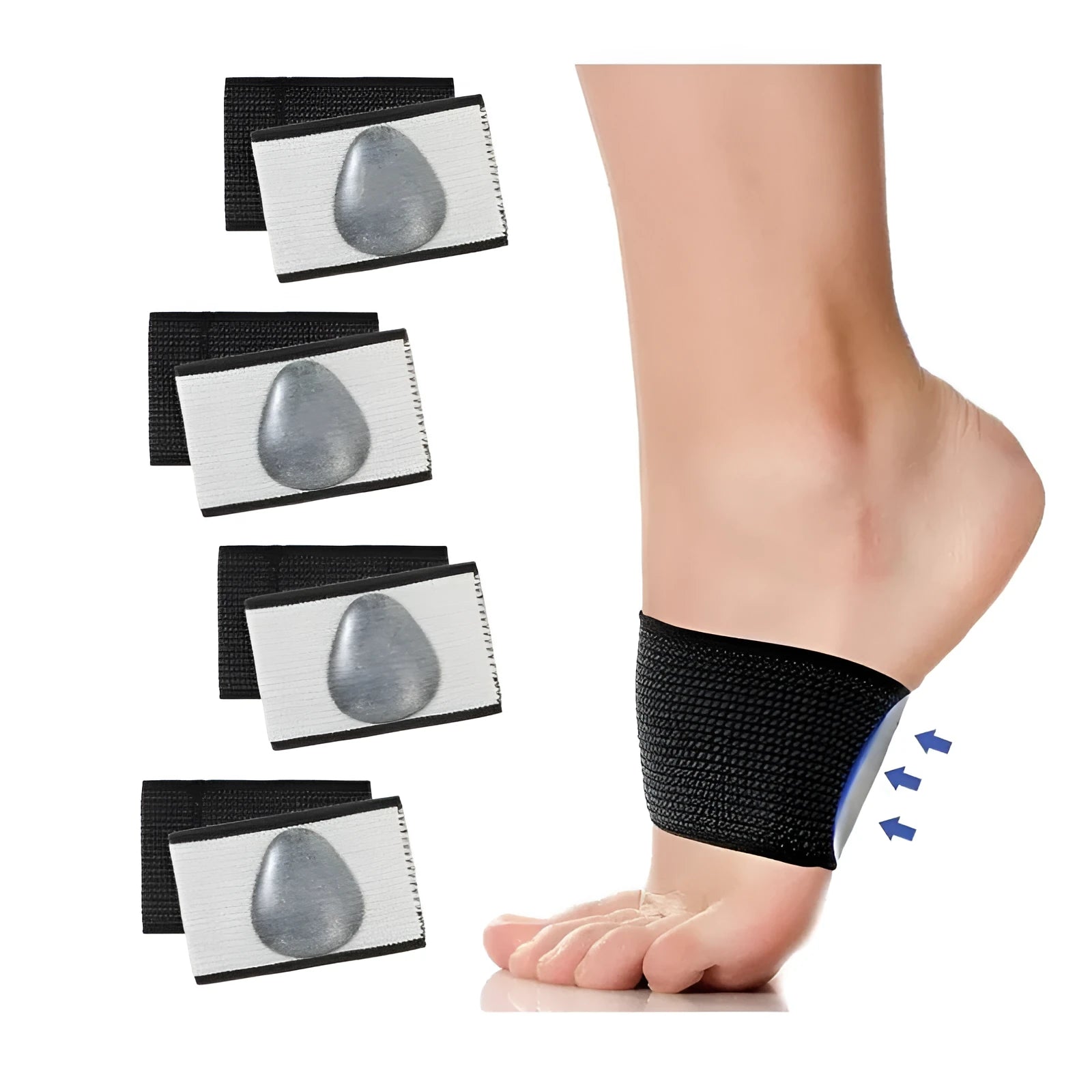 Flat foot support pad with elastic bandage in heart style and ordinary style designs.