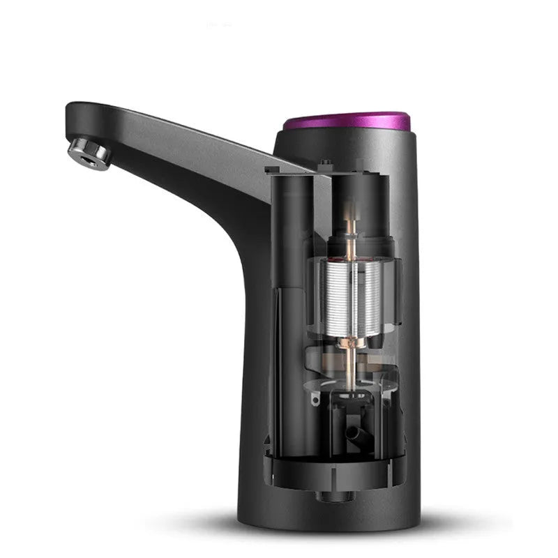 Dark grey touch automatic water dispenser on a kitchen countertop with soft hose and USB cable