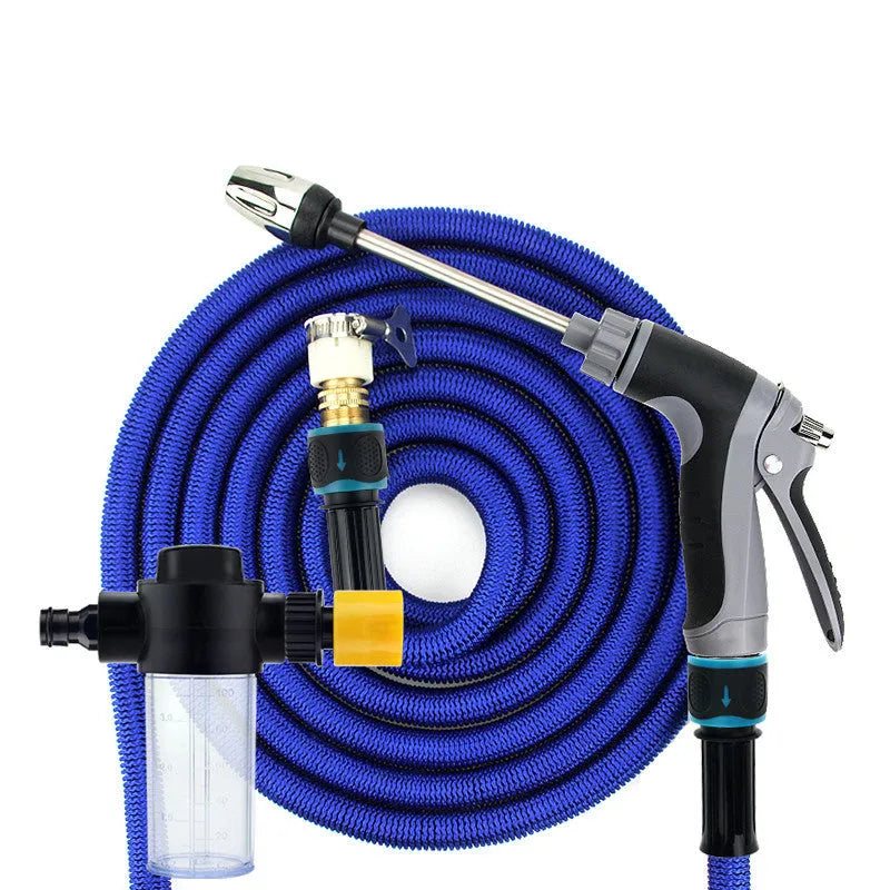 High-pressure car wash water gun set in grey with foam pan and water hose