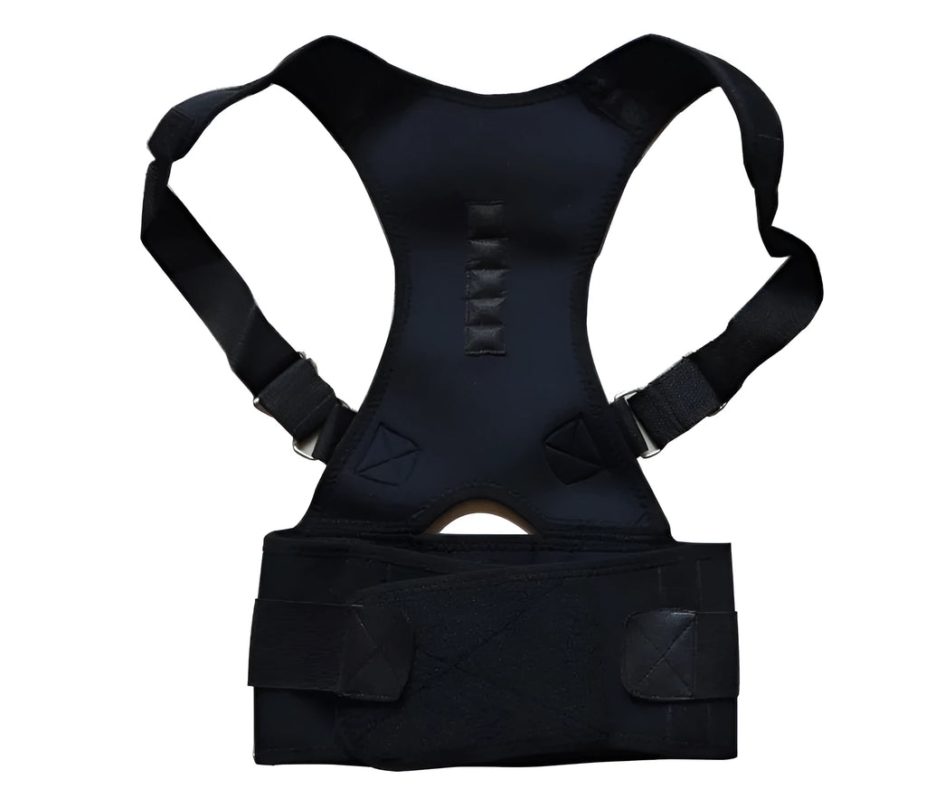 Adjustable magnet posture corrector belt in beige with corset back design on neutral background
