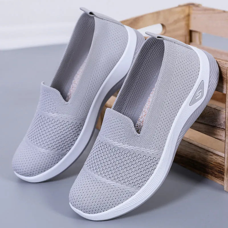 Ladies soft bottom Old Beijing cloth shoes with Flyknit upper, round toe, low heel, shallow mouth – beige colour option
