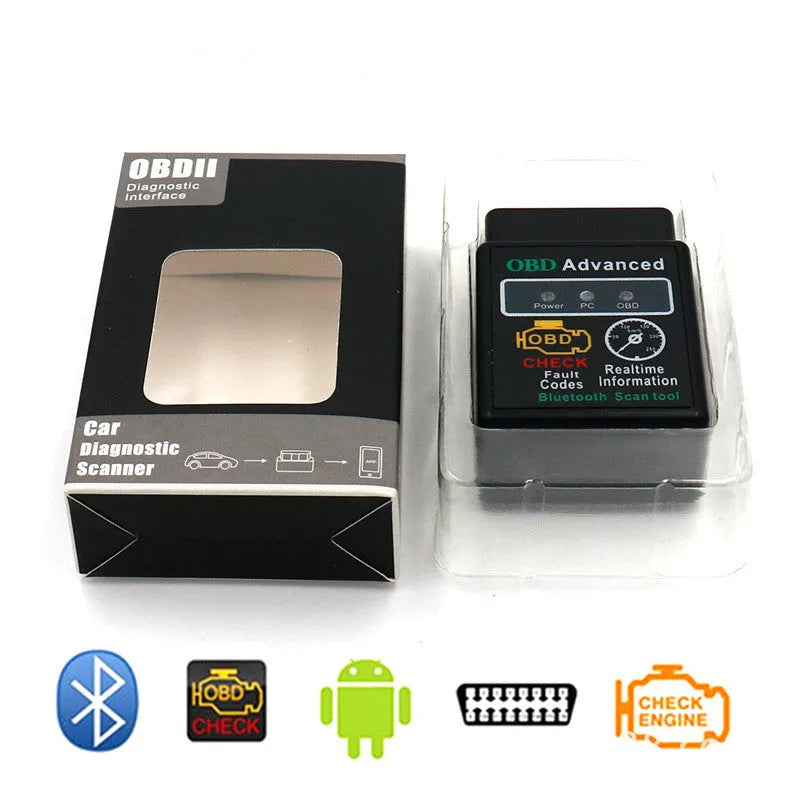 V1.5 Bluetooth OBD2 ELM327 car diagnostic scanner in black plastic housing