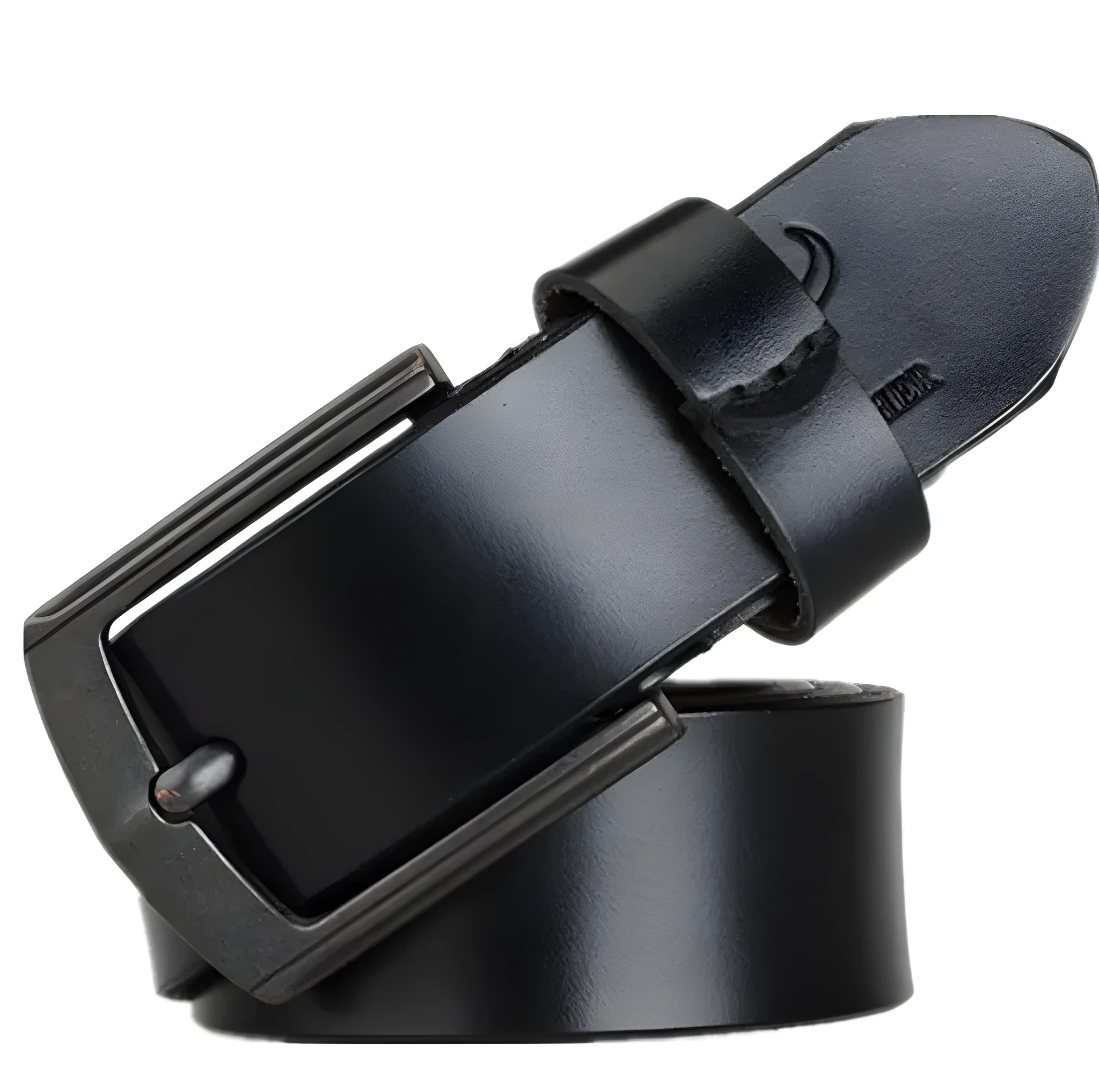 Men's two-layer cowhide leather belt with square alloy pin buckle in black finish