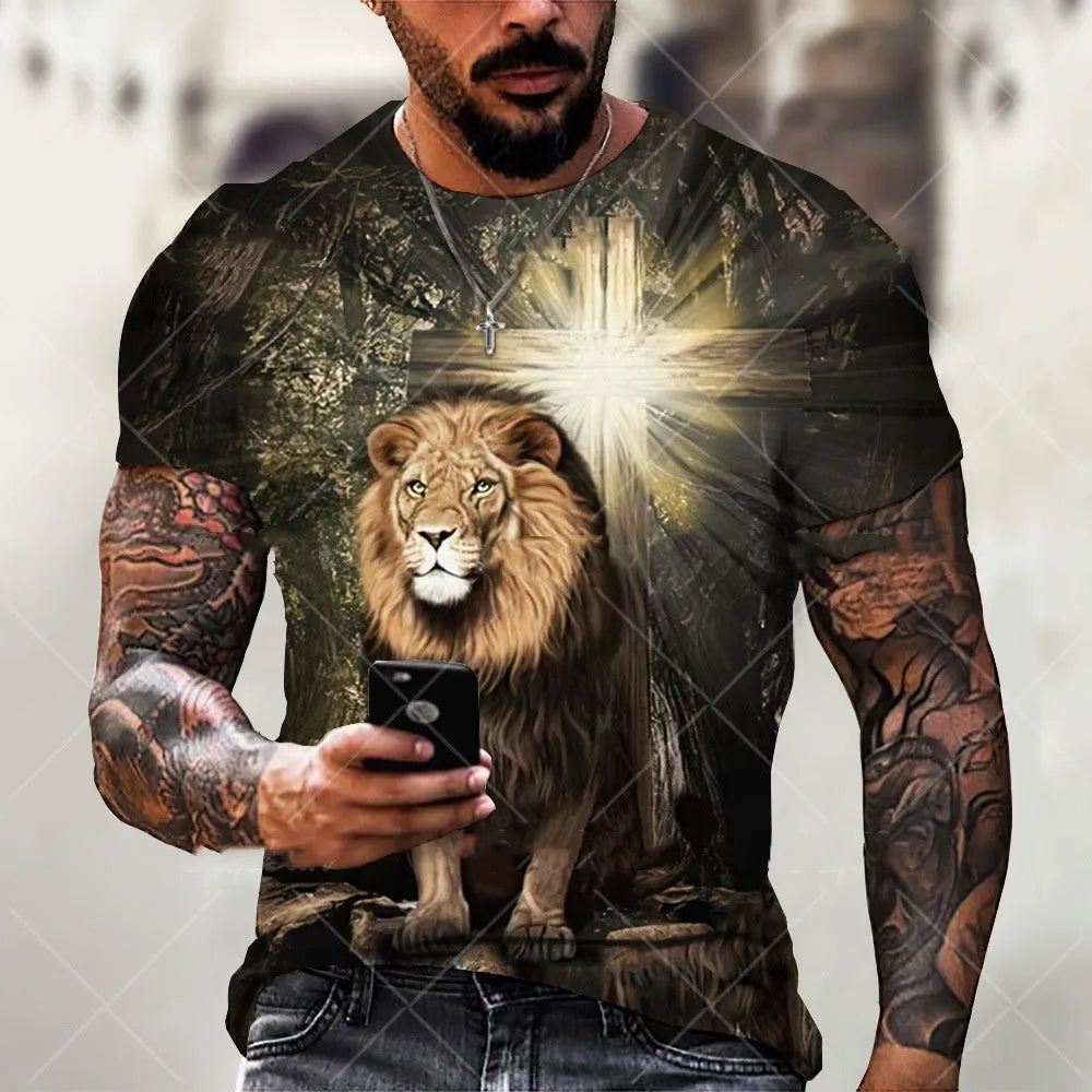 3D printed Jesus pattern men's T-shirt in bird eye cloth polyester with short sleeves