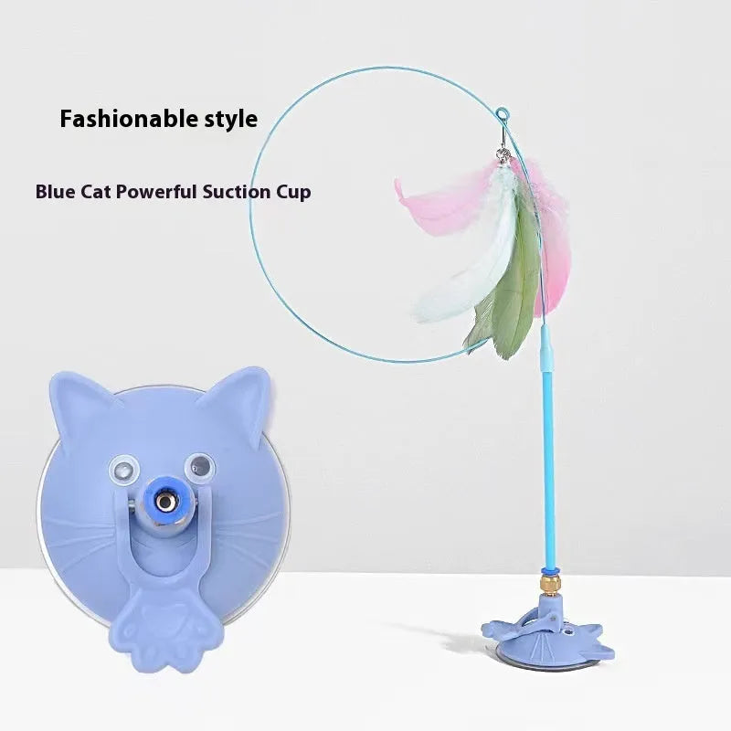 Cat teaser wand toy with suction cup base and colourful cat face attachment