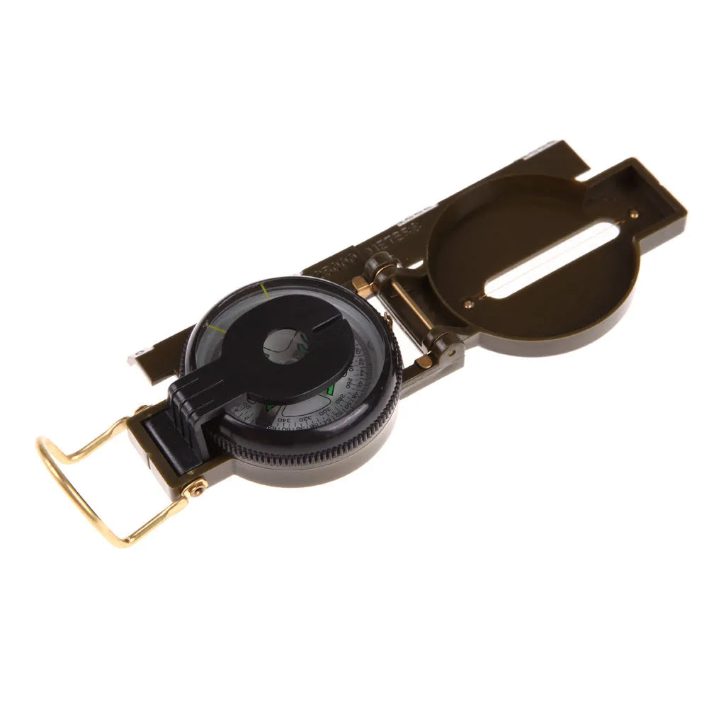 Army green aluminium alloy foldable compass with kerosene damping, opened to show lens and needle