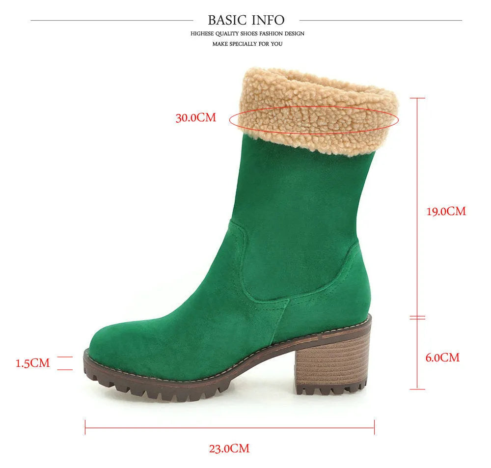 Black waterproof rubber snow boots with a thick sole and plush lining.