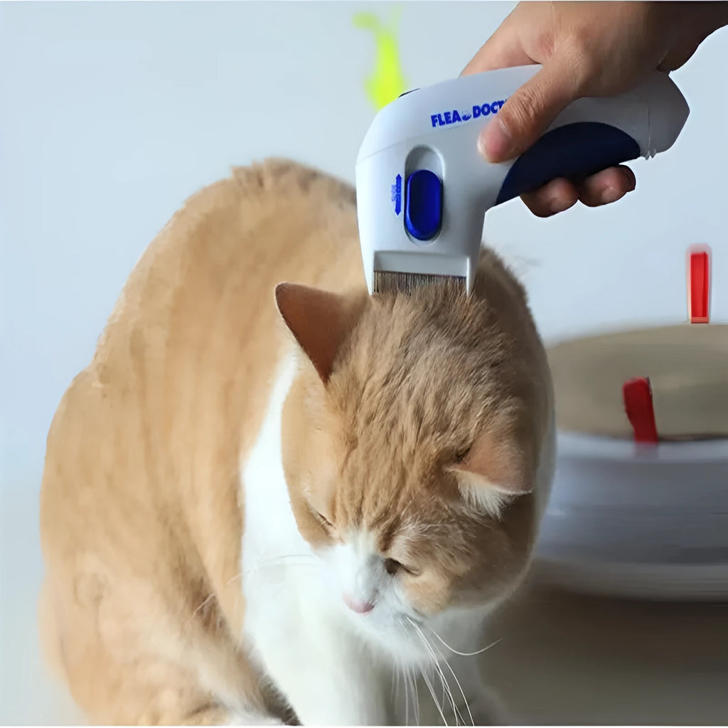 White electric pet lice remover comb with replaceable battery and cutter head, 17.5x9cm