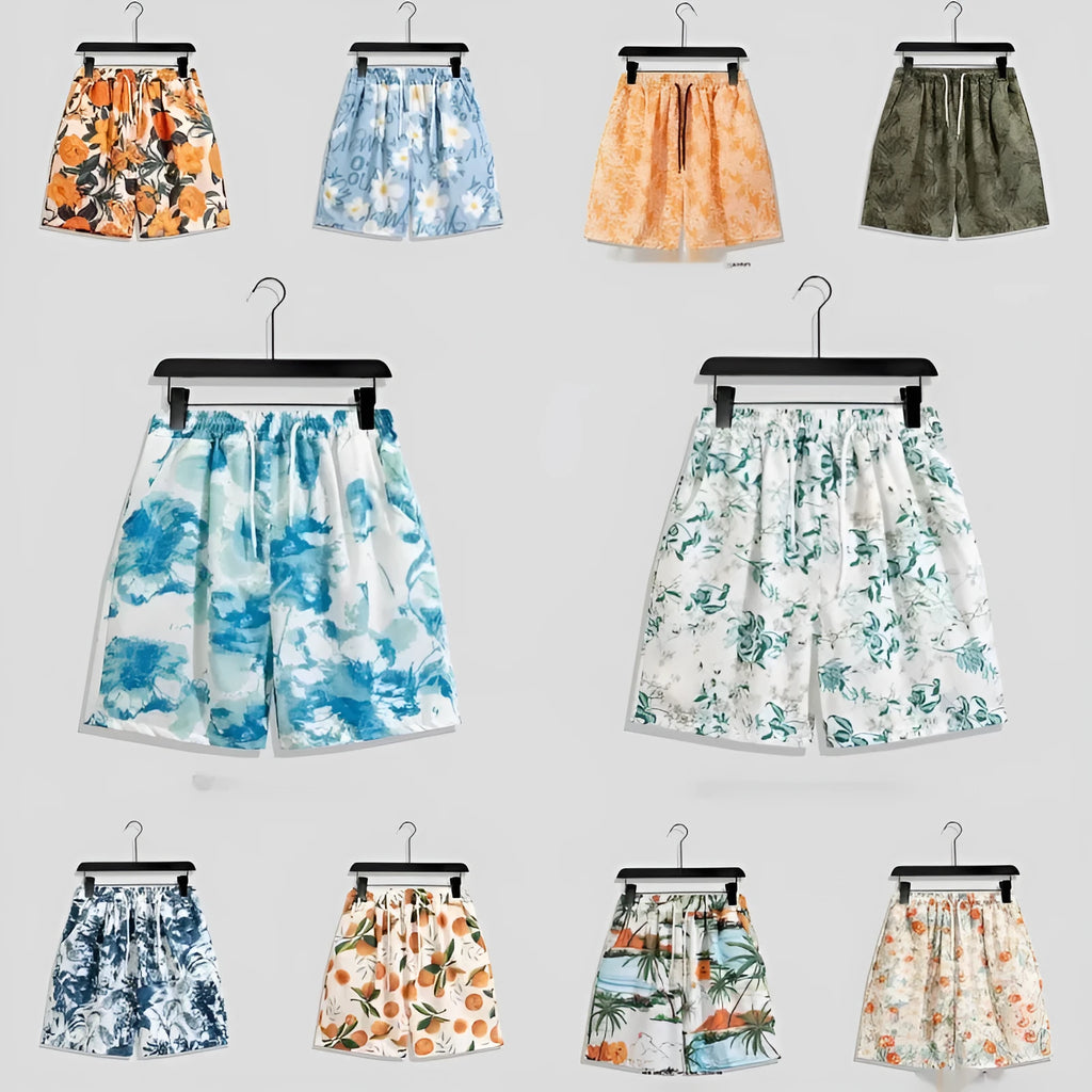 Men's casual geometric printed quick-drying polyester shorts in loose fit, mid waist, drawstring closure