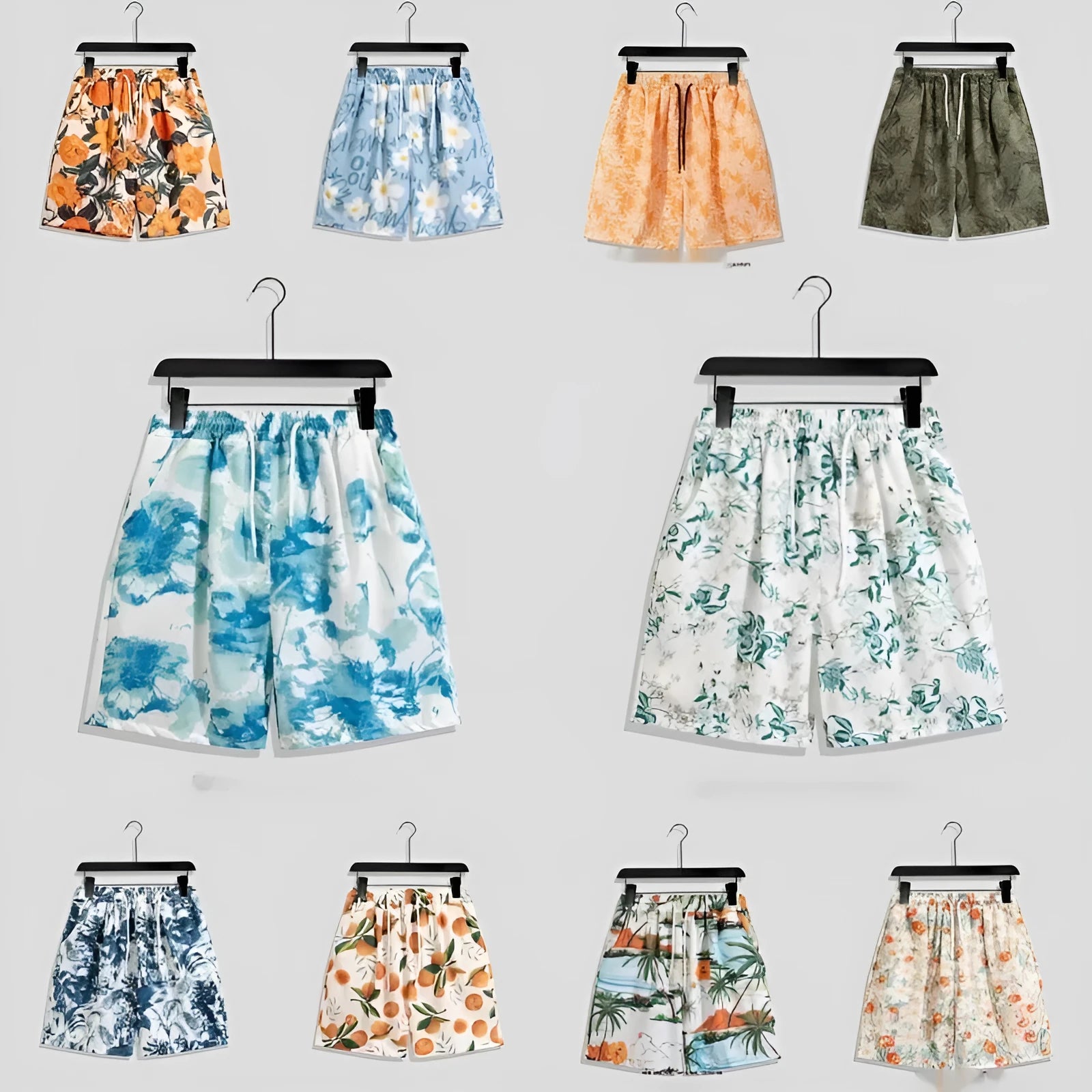 Men's casual geometric printed quick-drying polyester shorts in loose fit, mid waist, drawstring closure