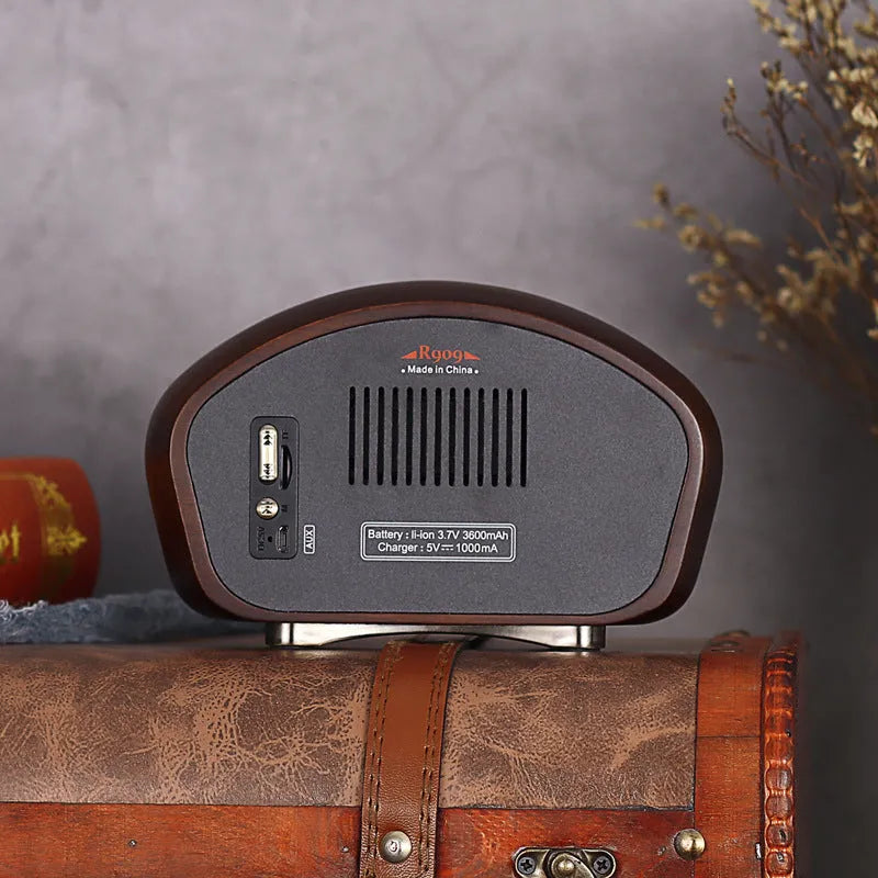 FMAM portable Bluetooth speaker in walnut finish with USB interface and control buttons