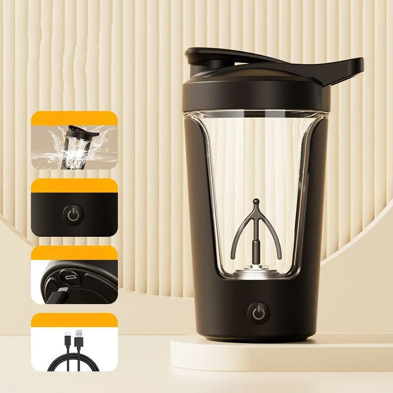 400ml electric protein shaker bottle in black with white lid and USB charging cable on a grey surface