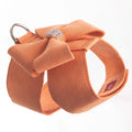 Adjustable dog harness with a bowknot on a soft microfiber chest strap in pink.