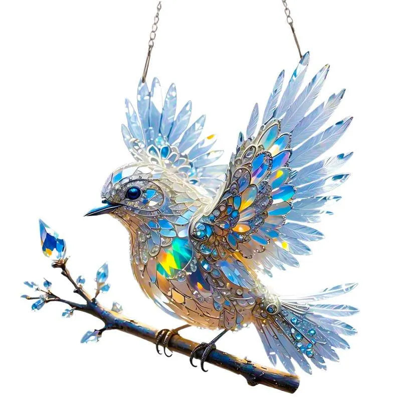 Square acrylic bird pendant decoration with colourful cartoon design, shown in 15cm and 20cm size options.