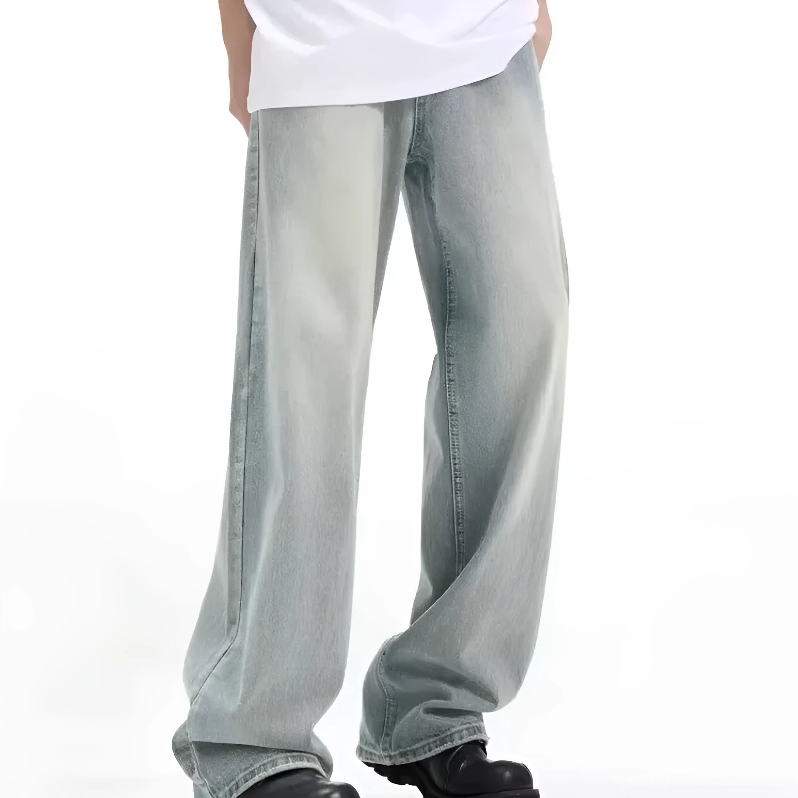 Blue retro-style loose casual trousers with an elastic waistband on a hanger.