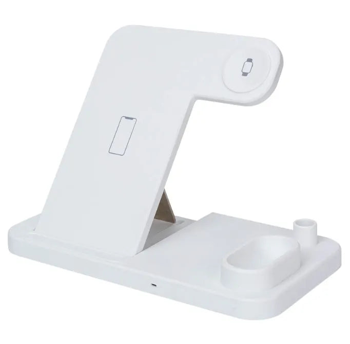 A white 4-in-1 wireless charging station with an iPhone, Apple Watch, and AirPods charging on its adjustable, foldable stand.