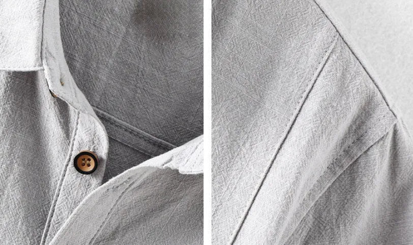 Men's loose fit cotton linen blend shirt in milky white colour showing casual summer styling