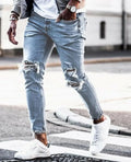 New Ripped Skinny Jeans for mens streetwear blue cotton denim distressed fit
