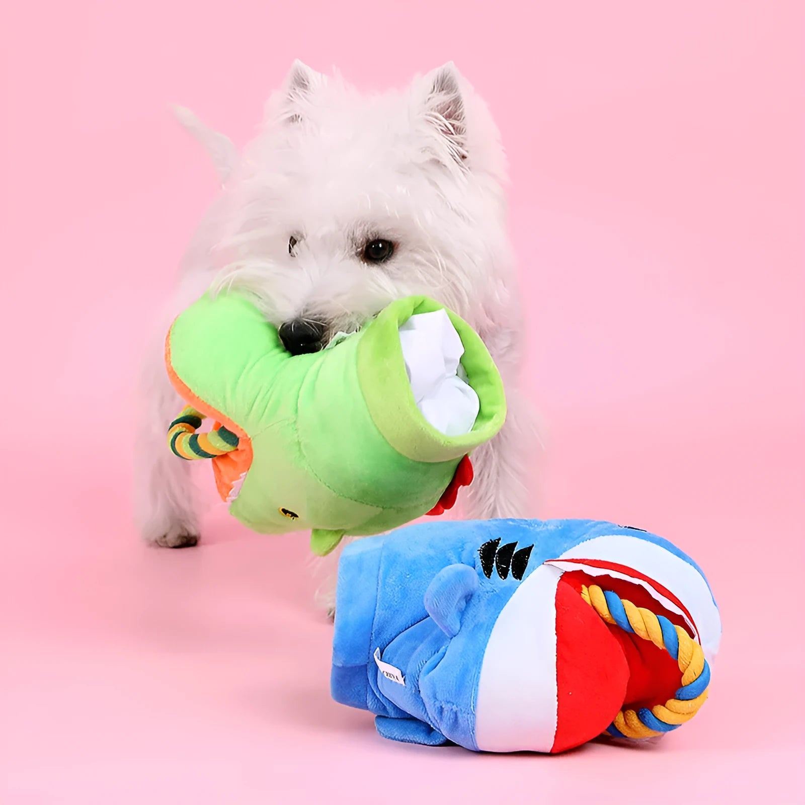 Plush monster shark dog toy in shark colour, soft stuffed animal for pets