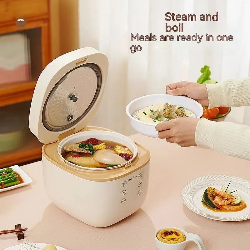 White or beige intelligent rice cooker with 3L capacity and digital control panel