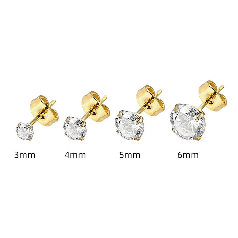 Geometric square titanium steel stud earrings with a round zirconia stone in gold tone.