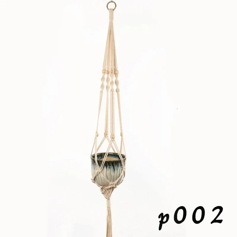 Woven cotton rope and wire basket planter in a rustic style for wall or desktop plant display.