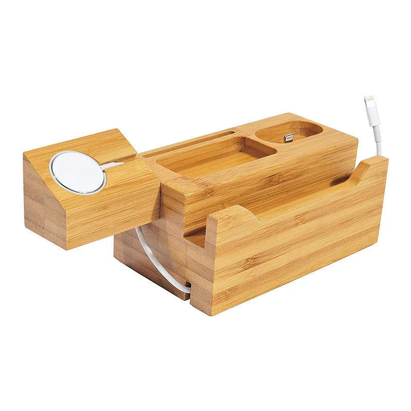 Natural bamboo charging station with 3 USB ports, Apple Watch charger cutout and AirPods hole