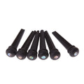 Six ebony guitar bridge pins with matt black finish and 5.3mm bayonet diameter