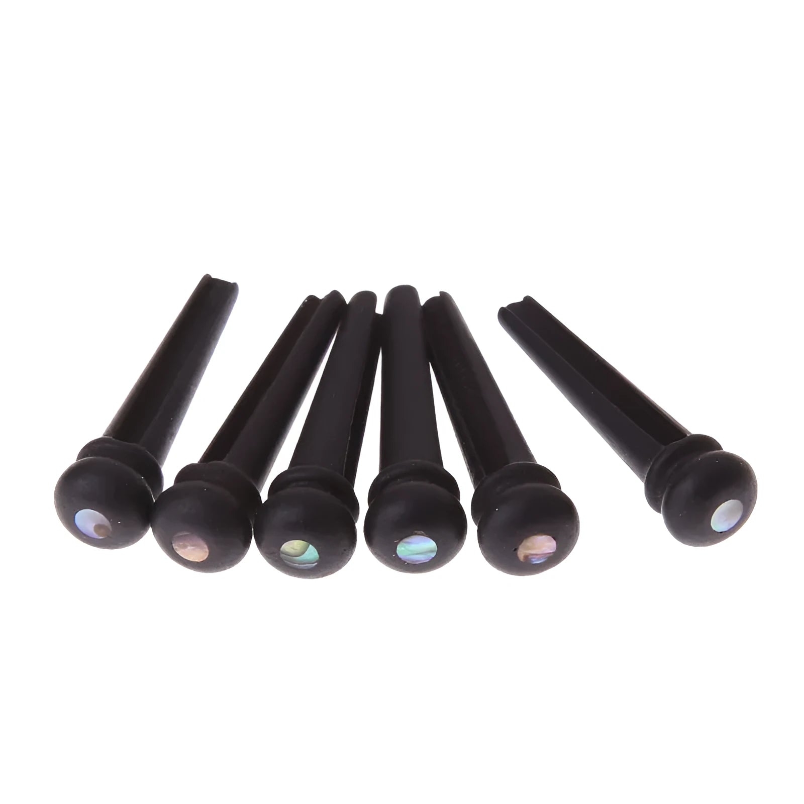 Six ebony guitar bridge pins with matt black finish and 5.3mm bayonet diameter