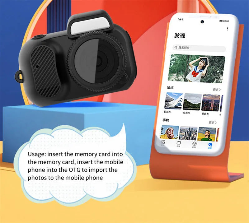 Retro style black mini camera with built-in screen for 1080p HD video recording