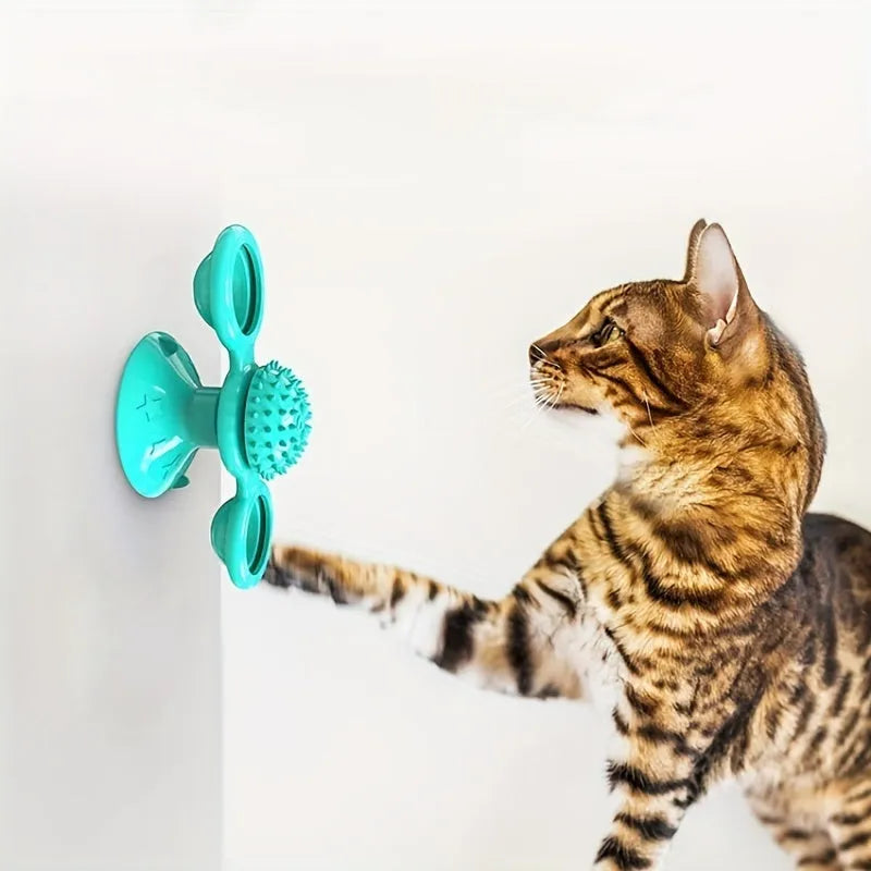 Windmill cat toy with suction cup, rotating spinner, LED ball, and catnip balls for indoor cats