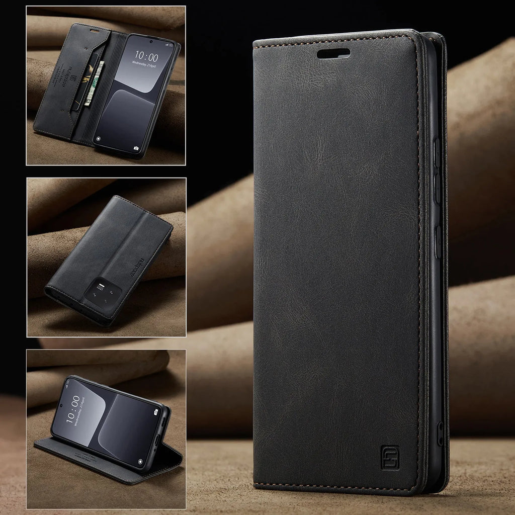 Frosted vintage flip leather phone case for Xiaomi 14 in black with front cover open