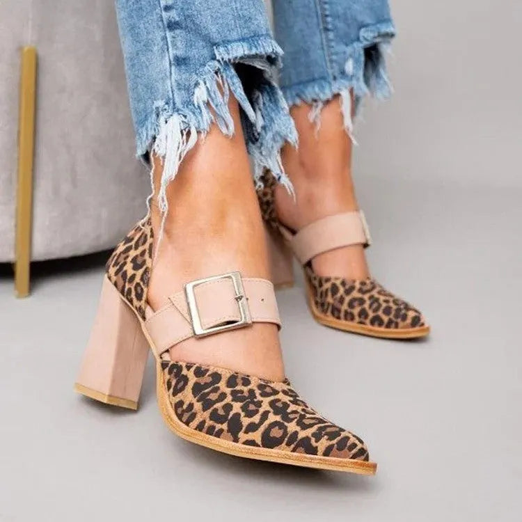 Women's leopard print pointed toe high heel sandals with belt buckle detail in suede upper