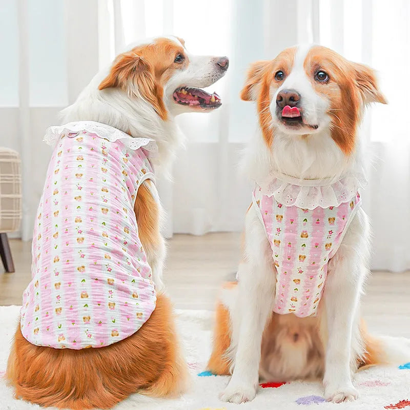 All-cotton breathable pet vest for dogs and cats, blue stripe bear head pattern, size 2XL, shown on a small dog