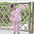 Girls' cartoon printed cotton pajamas suit in pink floral ball cat design with long sleeves, available in sizes 90-140cm