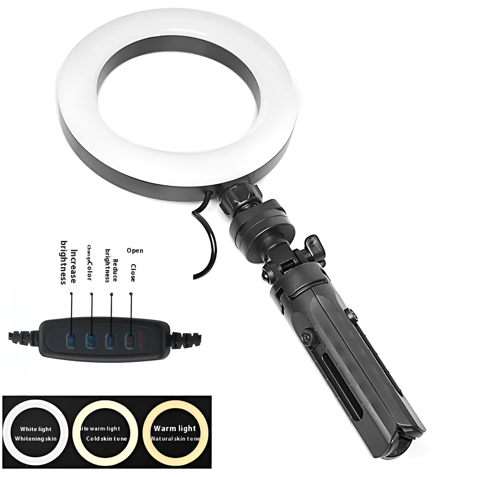 Black smartphone desktop tripod suit with adjustable colour fill light and universal clip mount.
