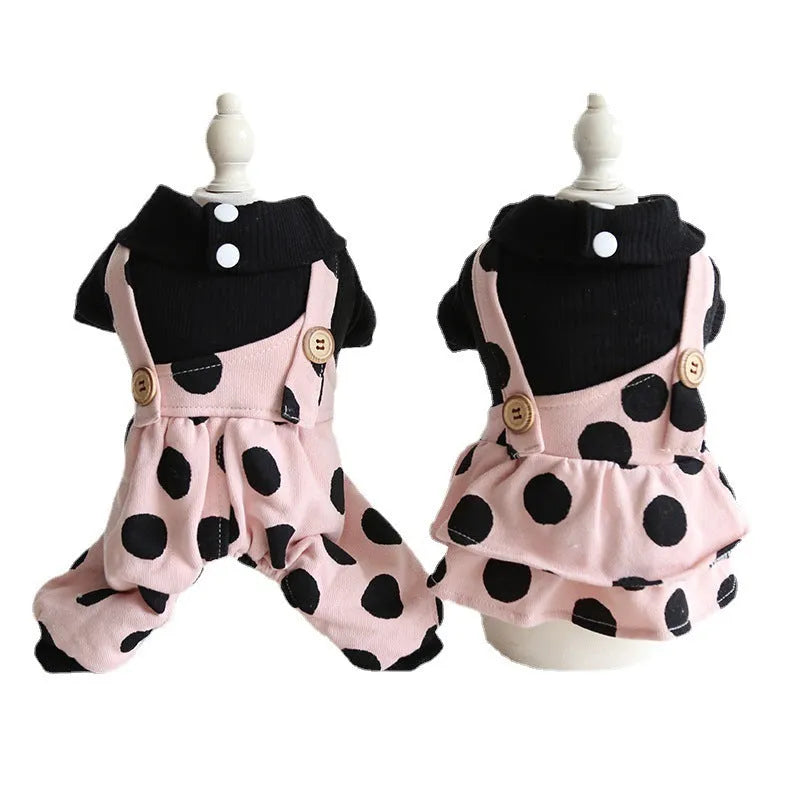 Dog clothes couple set with lapel shoulder straps in cloth material showing four-legged and skirt style options