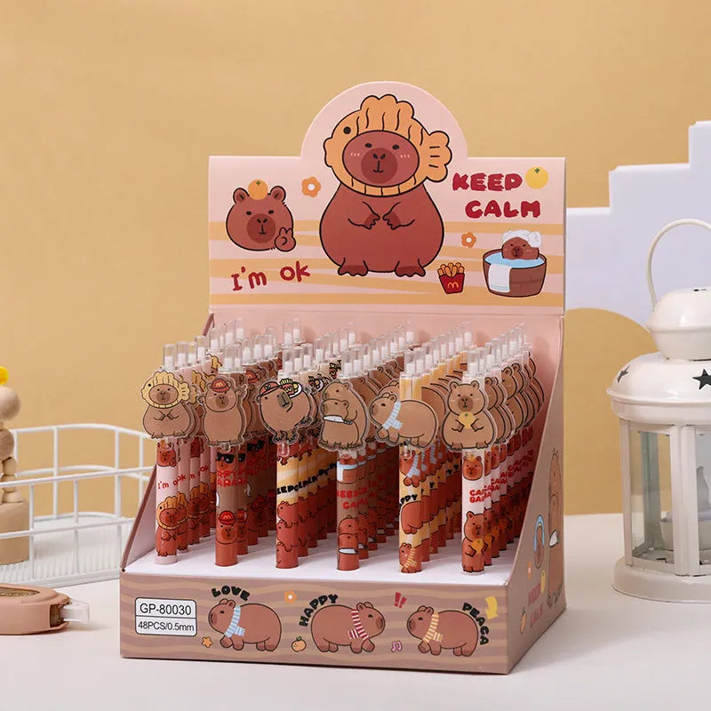 Box of 48 Cartoon Bear design acrylic gel pens with black ink, plastic shells.