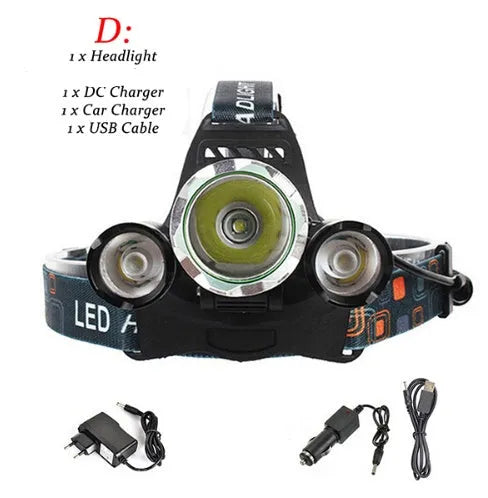 Aluminum alloy rechargeable LED headlamp with elastic headband, shown illuminating in dark setting.