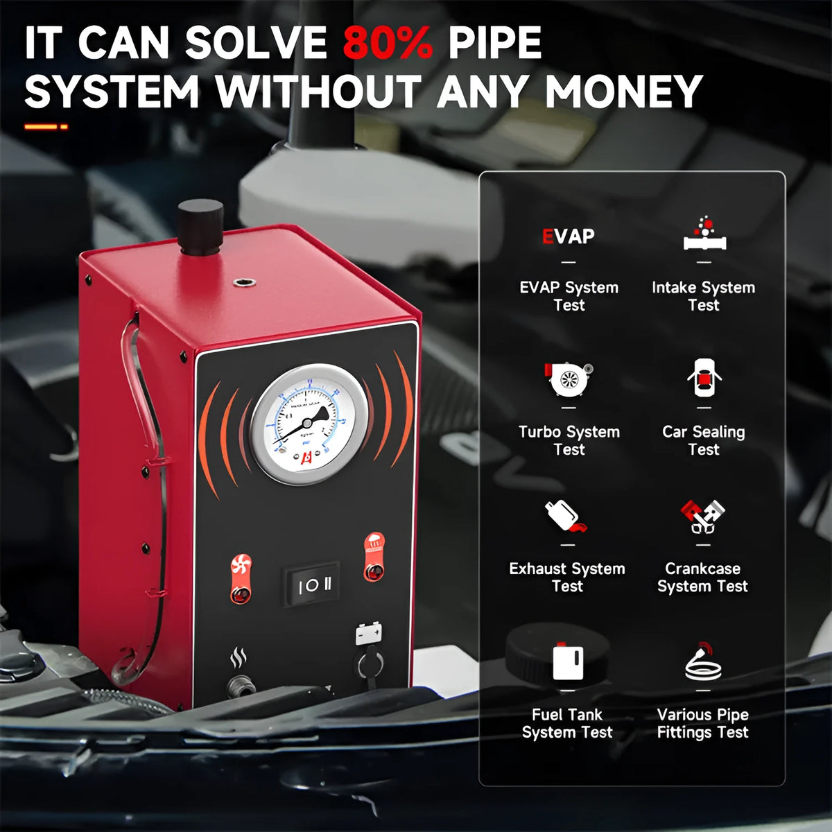 Red 12V smoke leak detector for EVAP system and pipeline diagnostics with 1/10 resolution.
