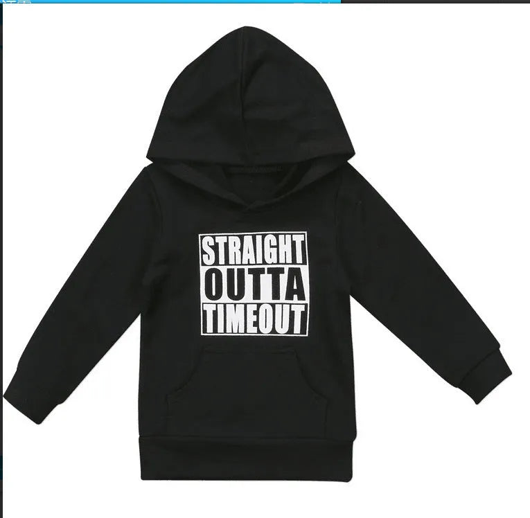 Boys' black hooded sweater with white letter print, long sleeve pullover design in 100% cotton