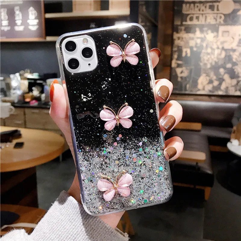 Fashion butterfly glitter starry sky TPU phone case with drop protection, transparent pink back cover for iPhone