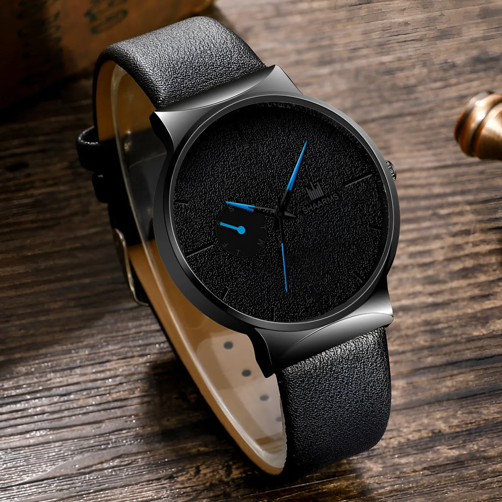 New Simple Trendy Men Earth Watch with round dial, PU leather strap, stainless steel case, 40mm