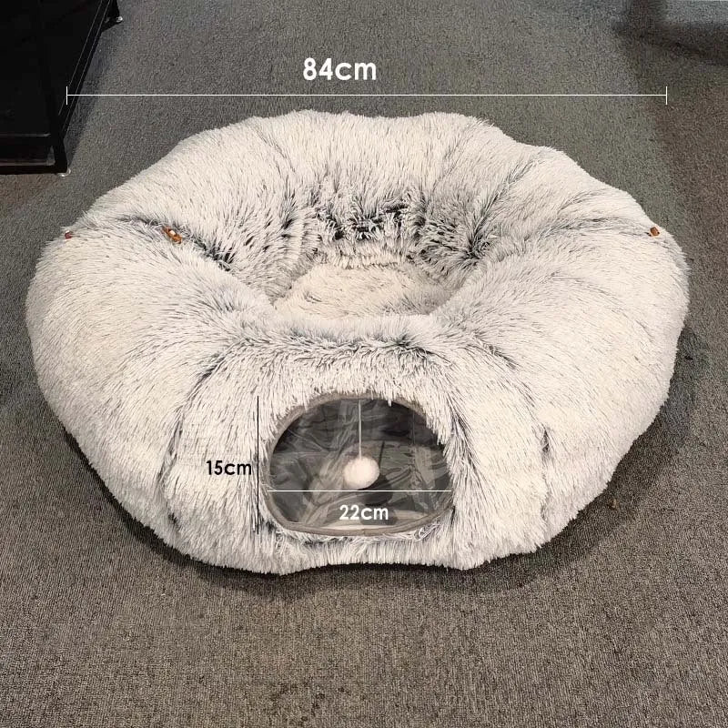 Plush cat bed with tunnel in donut shape, removable cushion, non-slip base for indoor cats