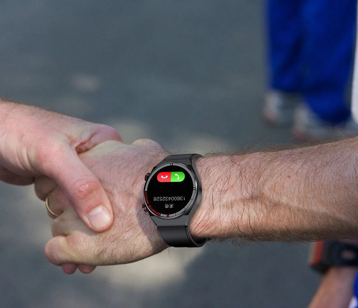 Black smartwatch with rotary key, leather strap, and 1.3-inch screen displaying health metrics.